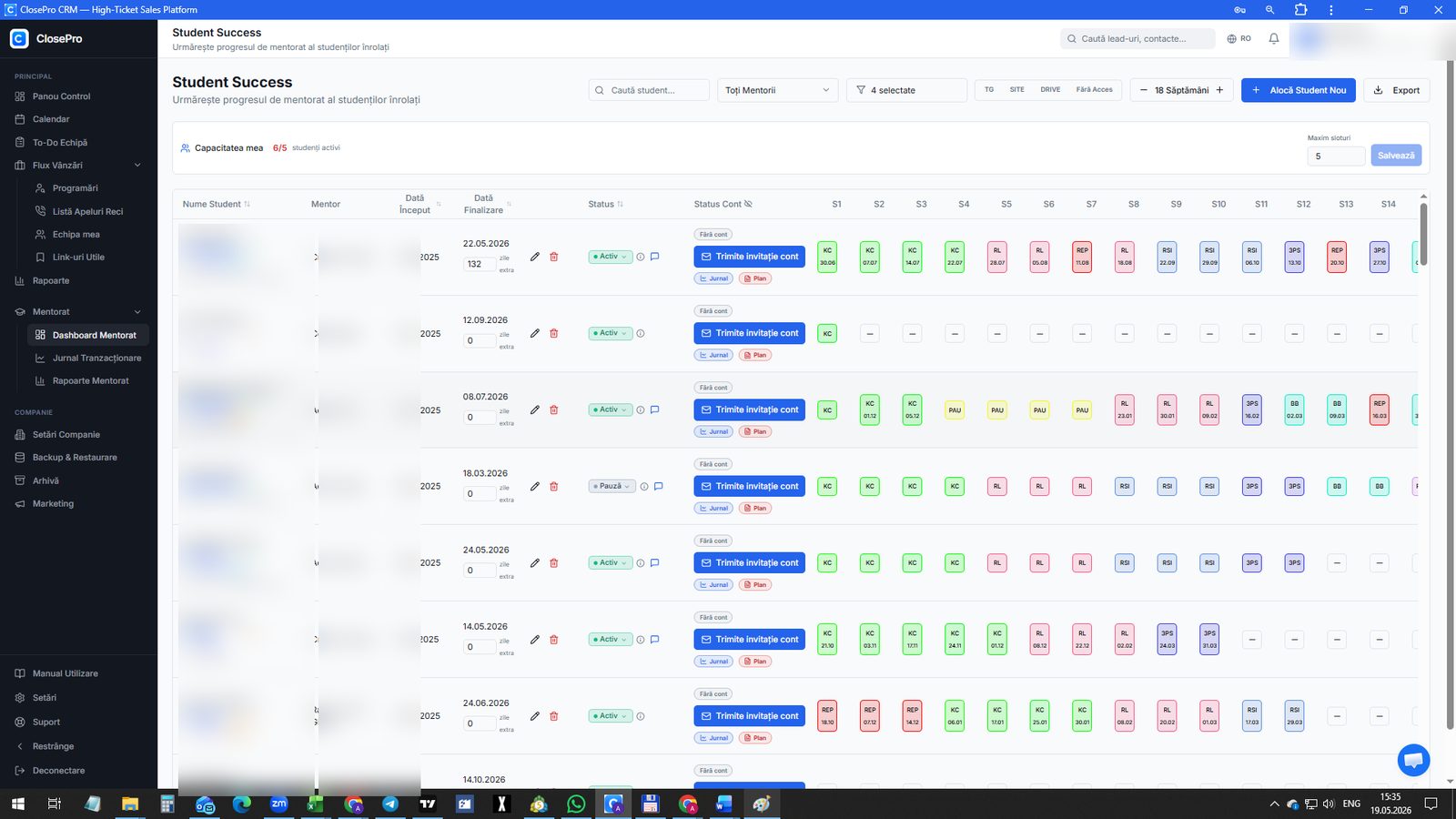 Dashboard mentorat — progresul săptămânal al studenților