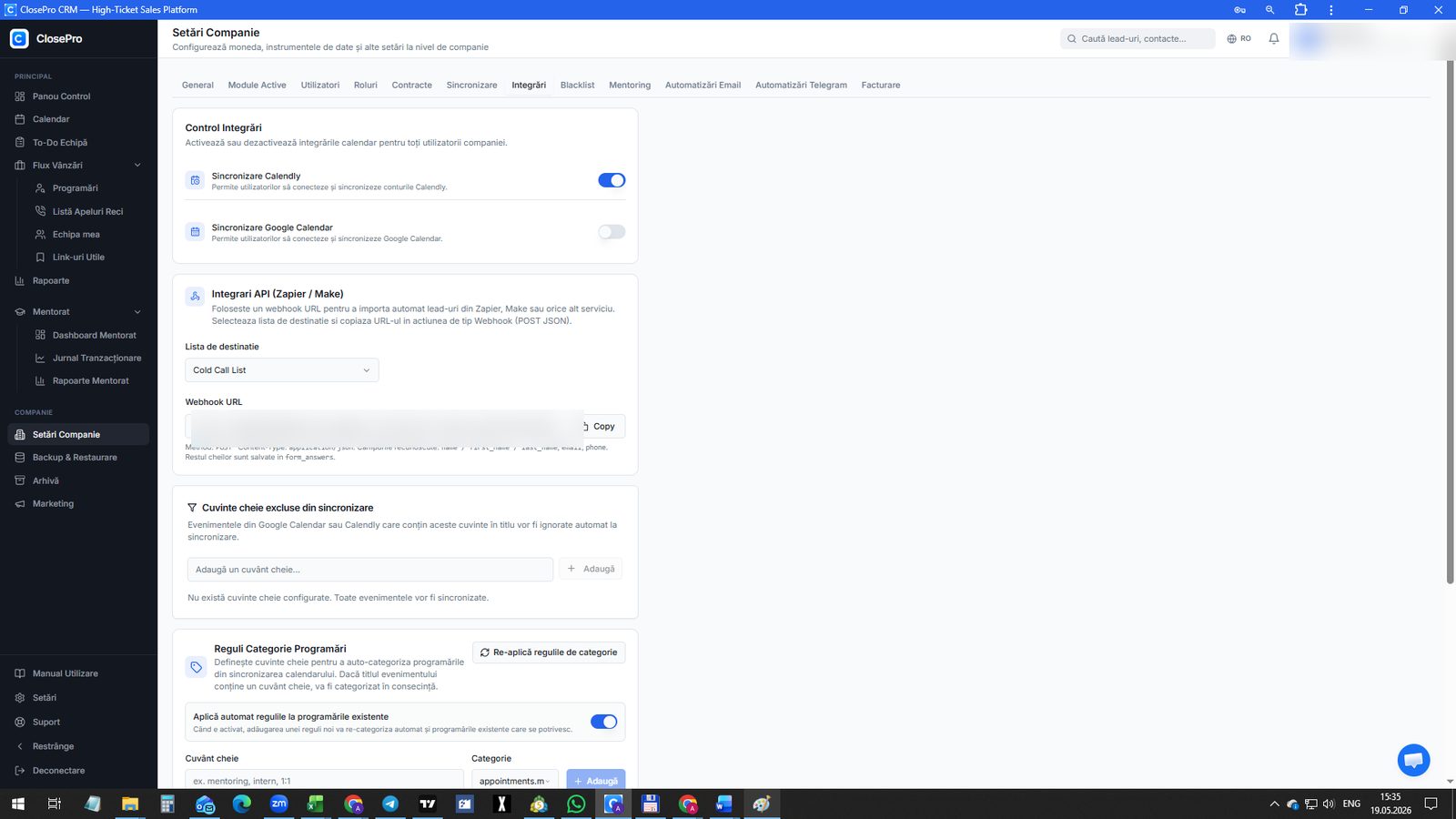 Integrări — Calendly, Google Calendar și webhook Zapier/Make