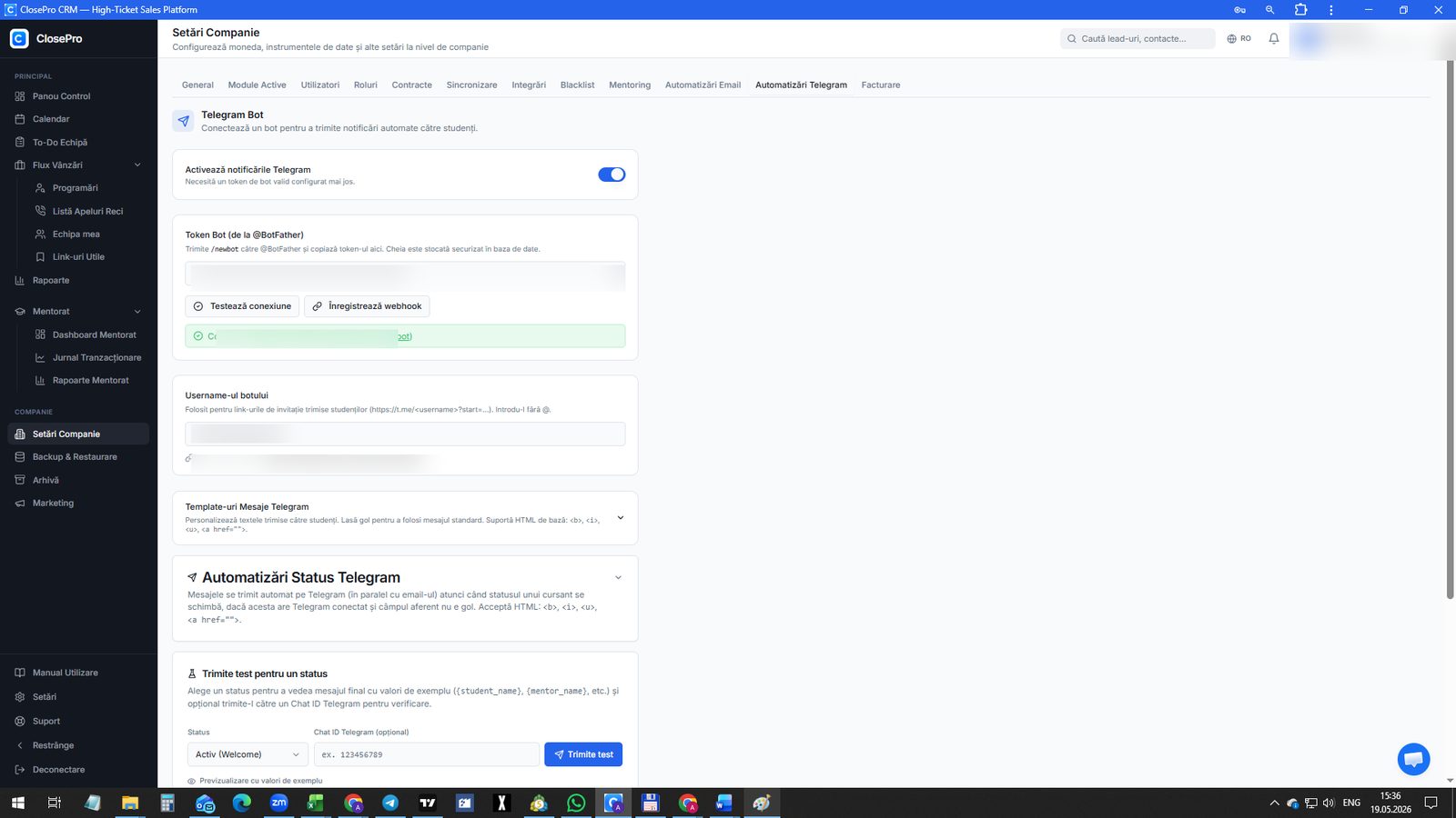 Bot Telegram conectat cu template-uri personalizabile
